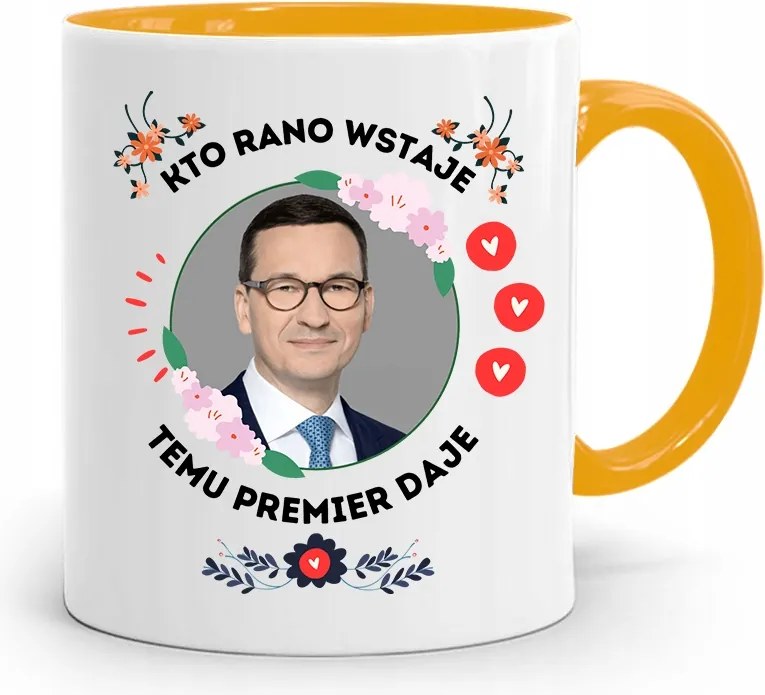 Sárga Politikus Bögre Mateusz Morawiecki Miniszterelnök fényképes nyomtatással