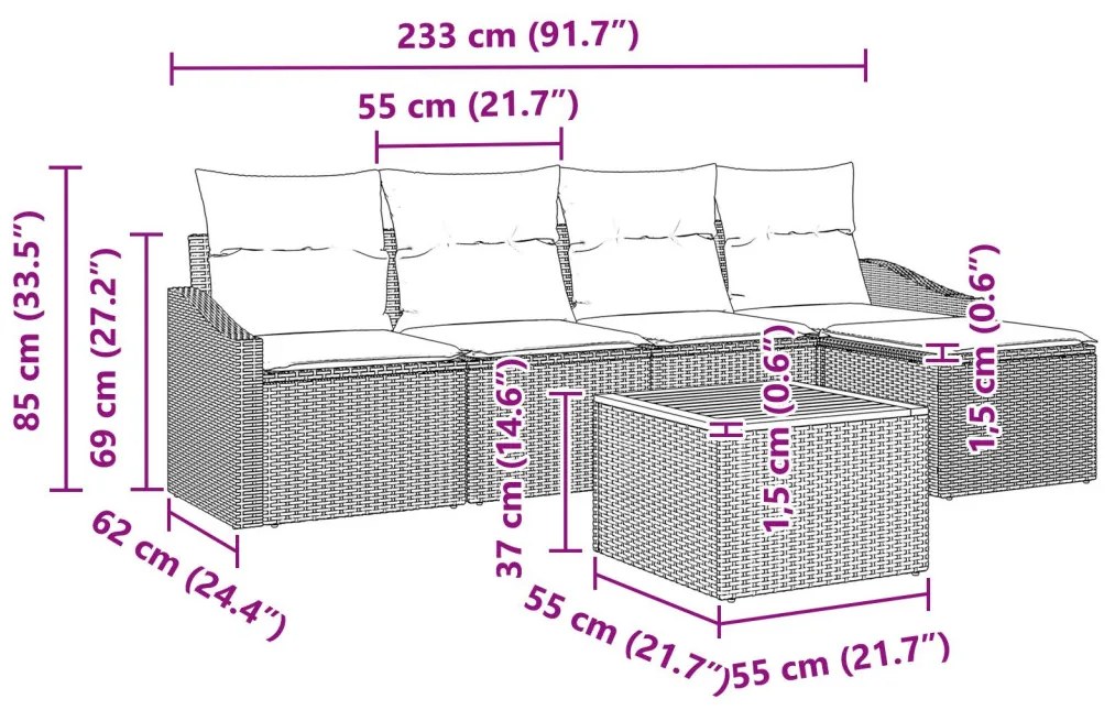 6 darabos Kerti Kanapé Szett Párnákkal Bézs Poli Rattan Akác