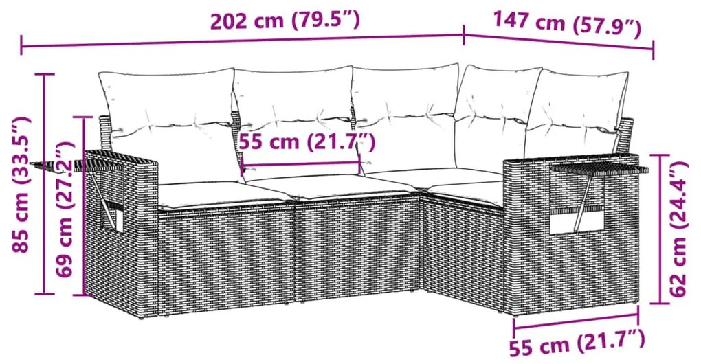 4 részes világosszürke polyrattan kerti ülőgarnitúra párnákkal