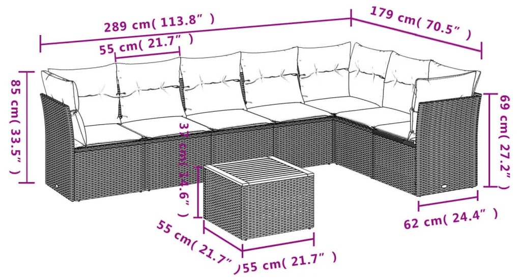 8 részes bézs polyrattan kerti ülőgarnitúra párnával