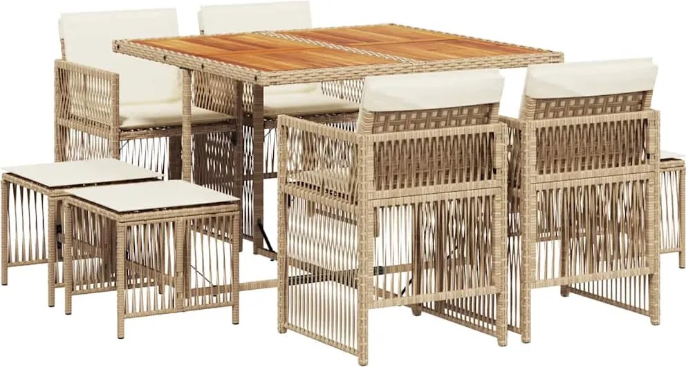 vidaXL 9 részes bézs polyrattan kerti étkezőgarnitúra párnákkal