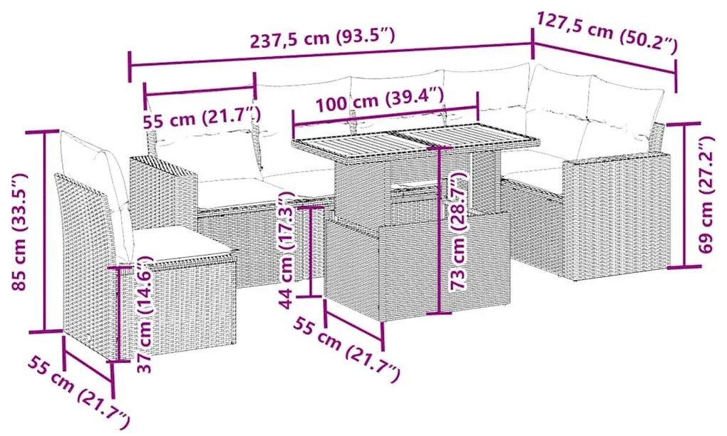 7 részes bézs polyrattan kerti ülőgarnitúra párnákkal