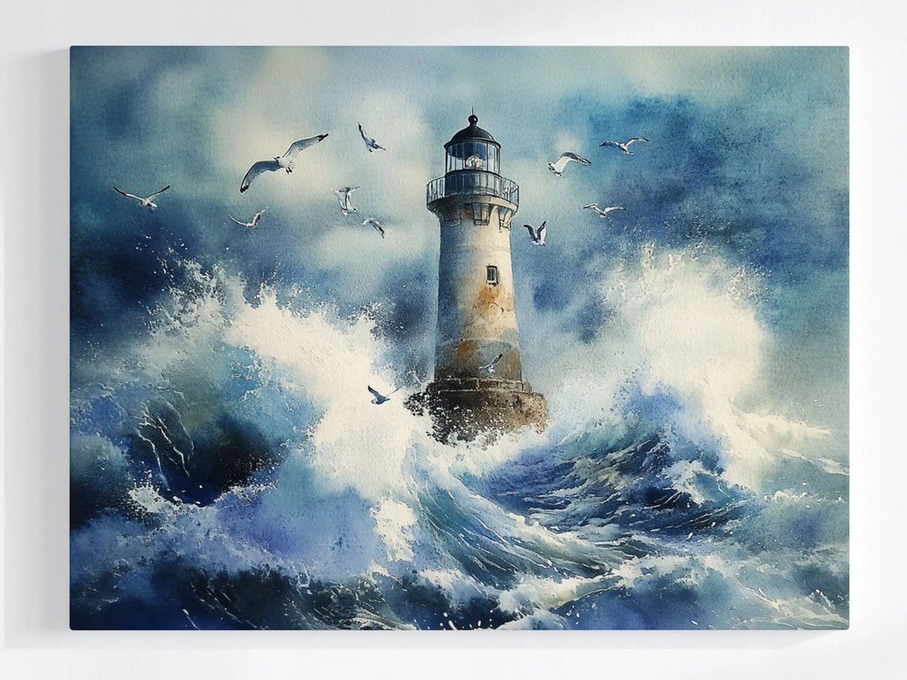 Poszter Világítótorony Tenger Víz Hullámok Vihar Sirályok 100x75