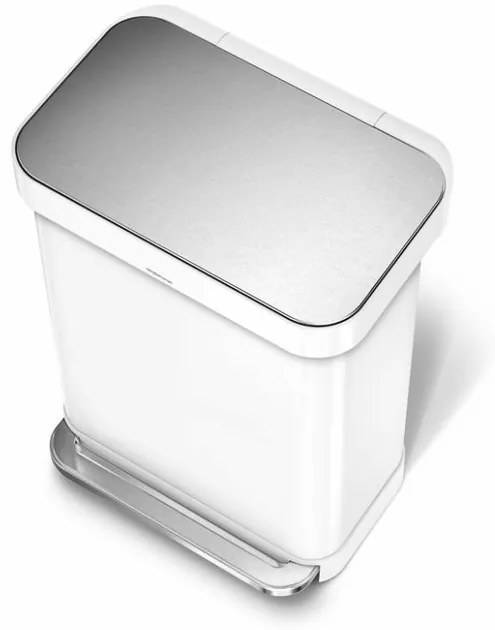 Négyszögletű pedálos szemetes 45 l, fehér acél, táskarekesszel, fehér