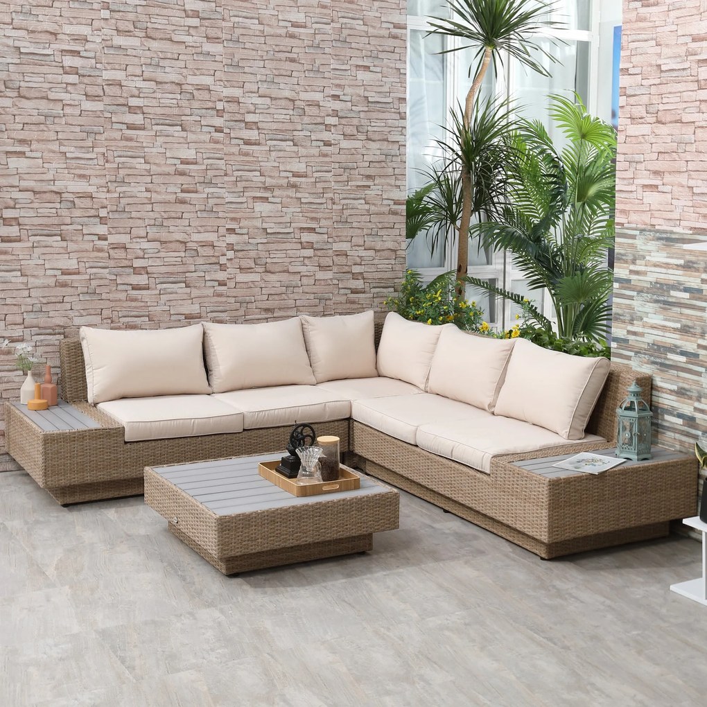 Outsunny 5 fős sarok kerti lounge szett modern dizájnnal, vastag párnák, dohányzóasztal, fonott gyanta és fém, bézs | Aosom