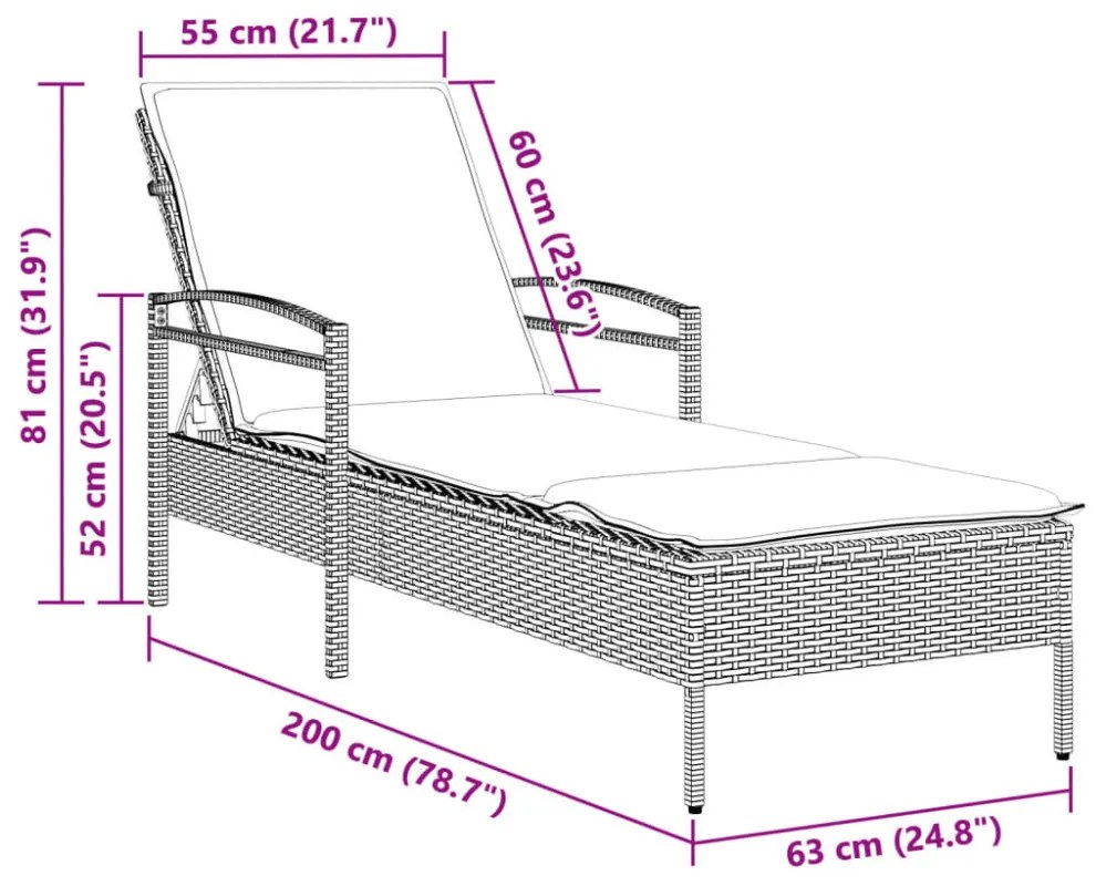 fekete polyrattan napozóágy párnával 63x200x81 cm