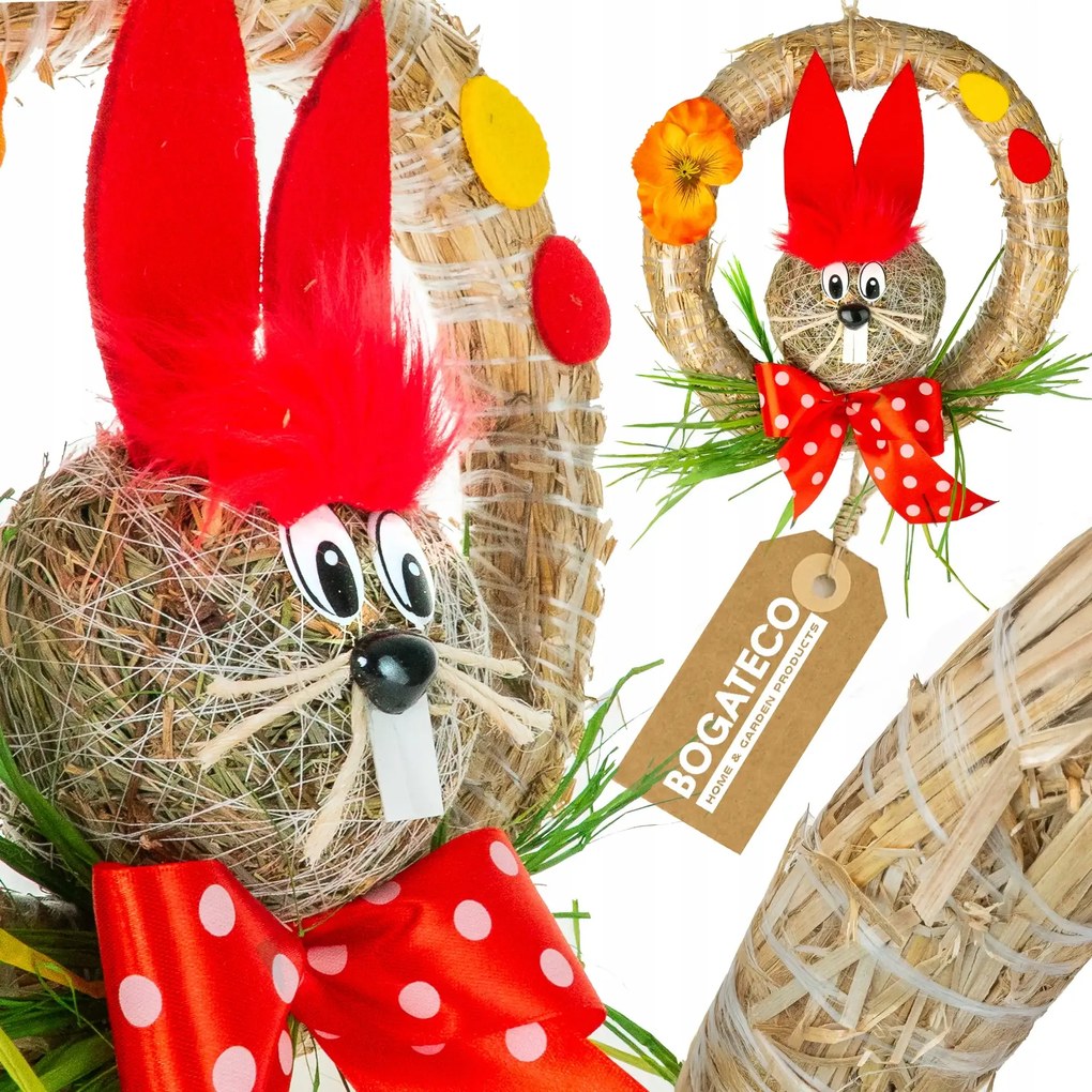 Húsvéti Koszorú Ajtódísz Nyuszi Szalma Lógó Dekoráció Piros