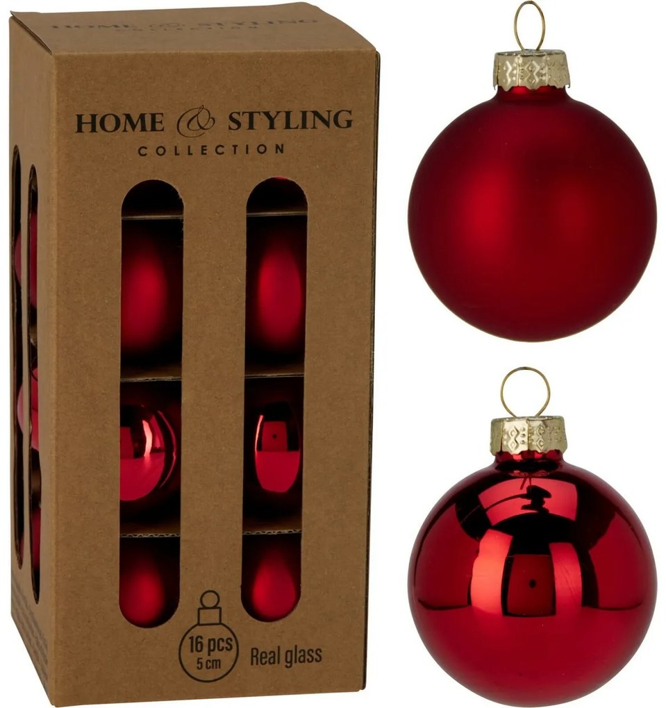 16 darabos karácsonyi díszkészlet Crystal Harmony,piros, átmérő 5 cm, üveg, 5 cm átmérőjű