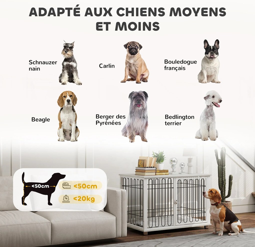 PawHut Kutya Ketrec, Kutya Fekhely Párnával, Állítható Lábakkal, Oldalsó Asztal, Masszív Acél Hálóból, Közepes Kutyák számára 20 kg-ig, 90 x 58 x 62.5