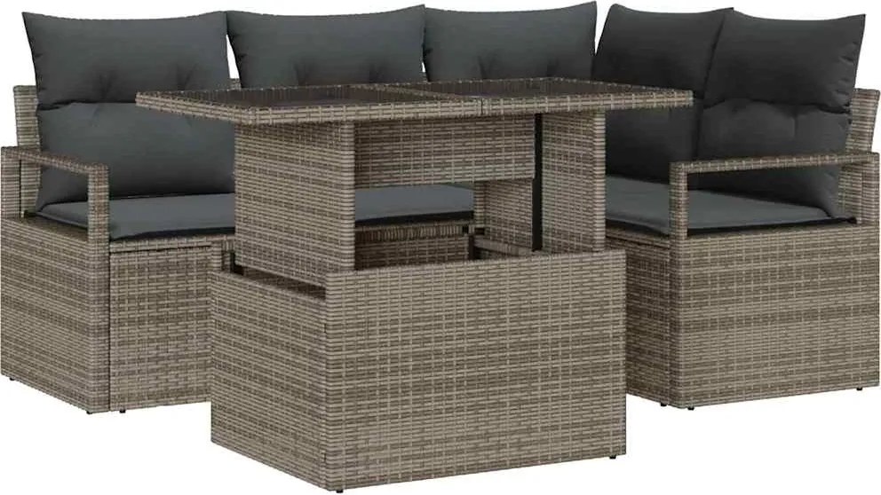 vidaXL Kerti Kanapé Szett párnával tárolóval 5 pcs Szürke Poli rattan