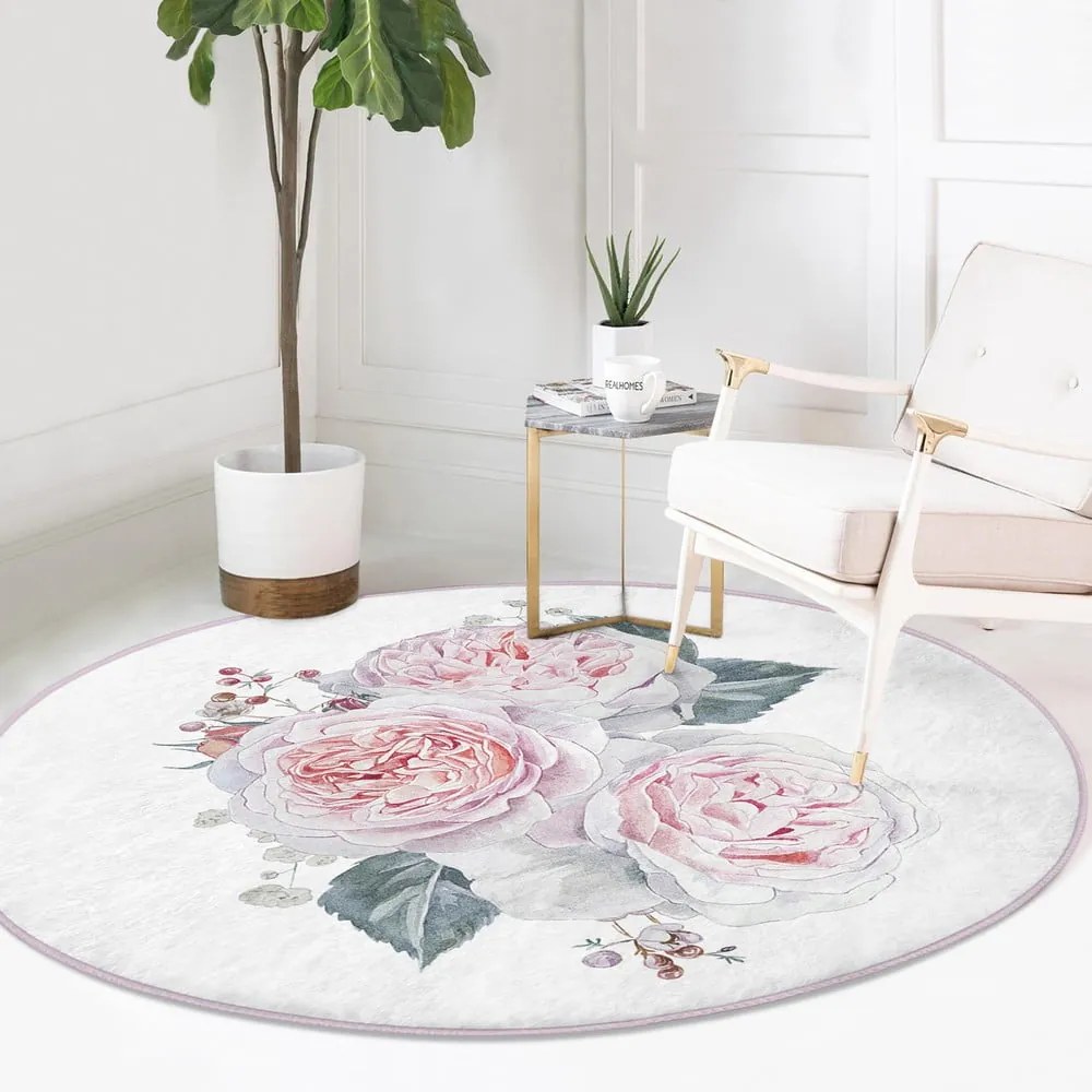 Fehér-rózsaszín mosható-robotporszívóval tisztítható kerek szőnyeg ø 120 cm Comfort – Mila Home