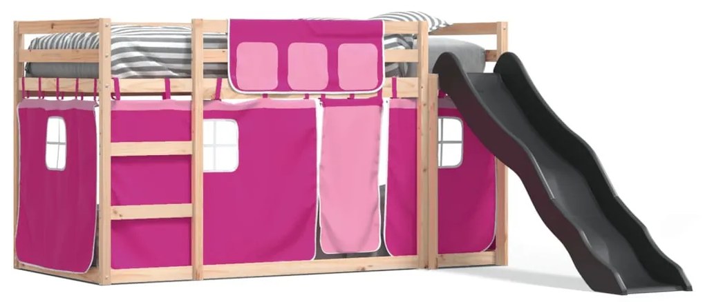 rózsaszín emeletes ágy csúszdával és függönnyel 90 x 200 cm