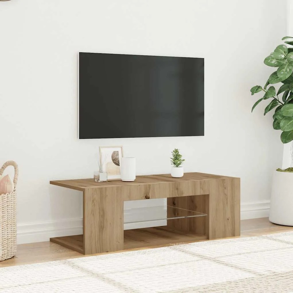 kézműves tölgy szerelt fa TV-szekrény LED-ekkel 90x39x30 cm