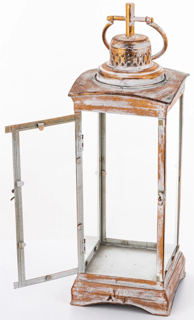 Vintage koptatott barna-krém üvegezett fém mécsestartó lantern lámpás akasztóval 66x19x19cm