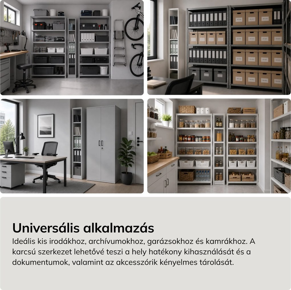 Keskeny fém archiváló polc dokumentumokhoz, szürke, 250x1950x600 mm: TIM