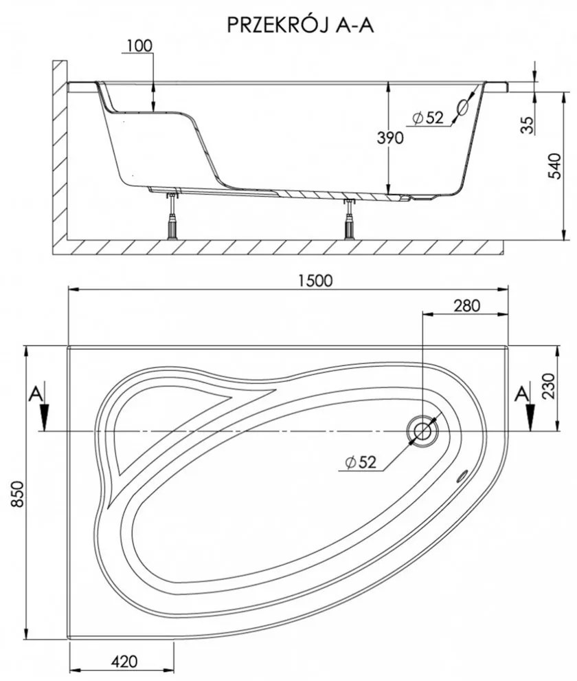 SIMPLA 85x150 aszimmetrikus kád bal