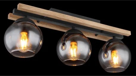 Globo 15569-3DW Mennyezeti lámpa könnyű fém fekete matt, fa sötétbarna, üveg füstszínű, HxSzxM: 600x150x205mm, 3x E27 25W 230V izzók nélkül