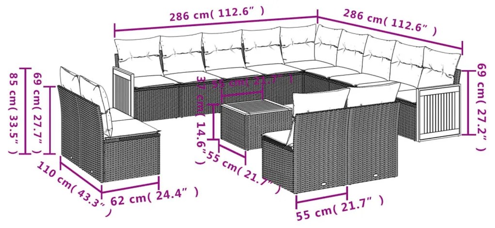 14 részes szürke polyrattan kerti ülőgarnitúra párnákkal