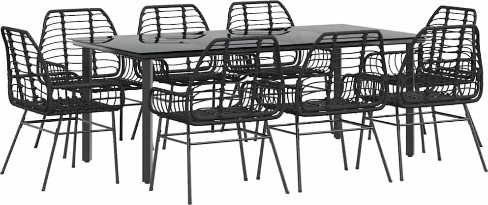 vidaXL 9 részes fekete polyrattan üveg kerti étkezőgarnitúra