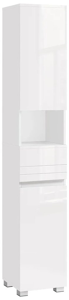 Keskeny fürdőszoba szekrény, fiókkal, állítható polcokkal, fehér, 30x30x170 cm