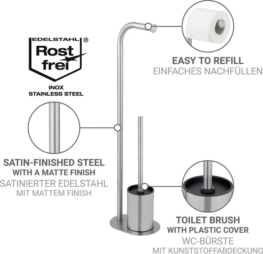 Matt ezüstszínű rozsdamentes acél WC-papír tartó állvány WC-kefével Levante – Wenko