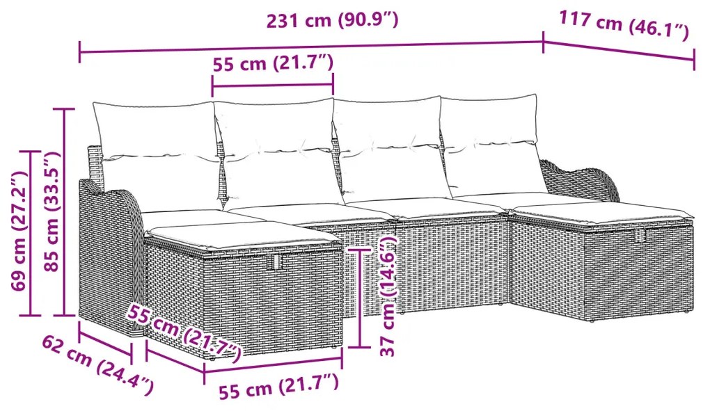 6 darabos kert kanapészett párnákkal világosszürke poli rattan, 2 személyes kert kanapé párnákkal világosszürke poli rattan