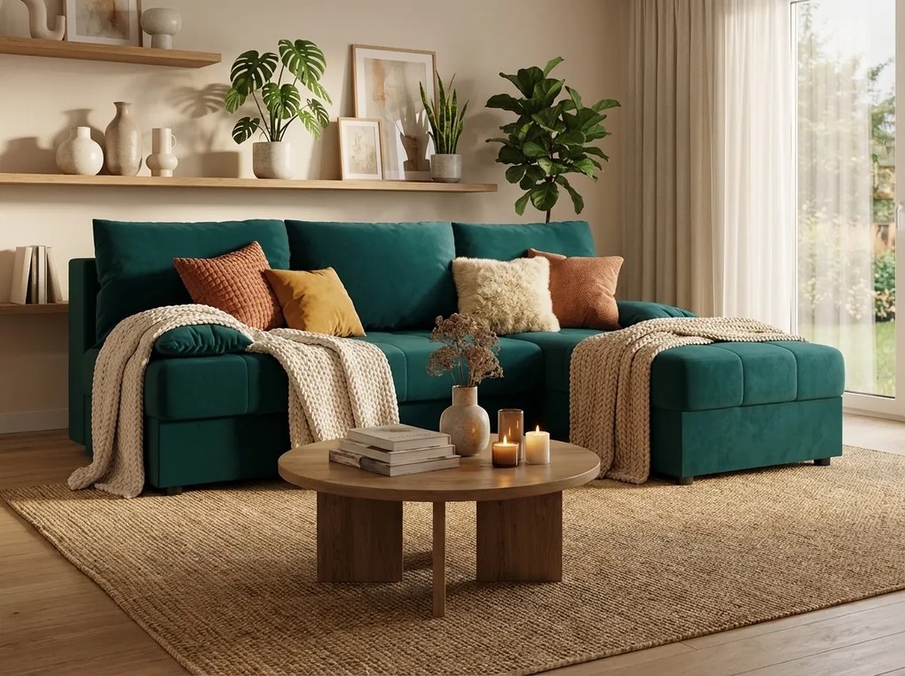 Kihúzható kétszemélyes L alakú ülőgarnitúra VENORIA SLIM 200x143 cm, petrolkék + 2 díszpárna INGYEN