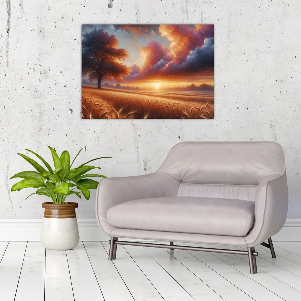 Üveg kép – Naplemente a mezőn (70x50 cm)