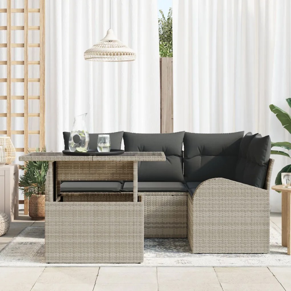 5 részes Kerti kanapékészlet párnákkal világosszürke poli rattan, 2 személyes kerti kanapé tárolóval és párnákkal világosszürke poli rattan