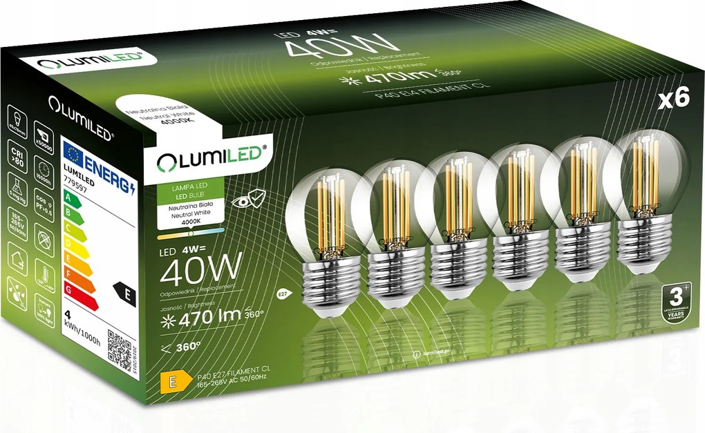 6x Led izzó E27 Golyó P45 4W 40W 470lm 4000K Semleges 360° Lumiled