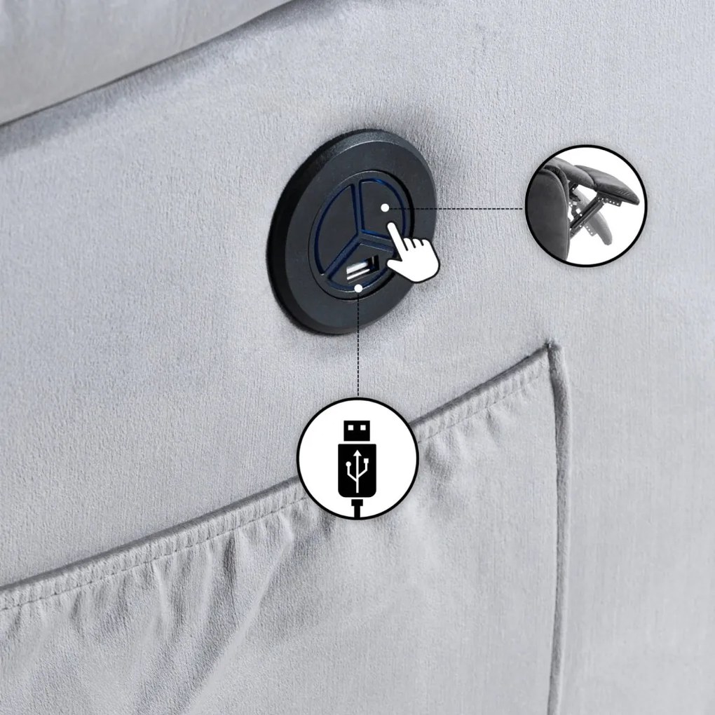 Elektromosan Vezérelhető Masszázsfunkciós Relaxfotel Szürke Bársony Kárpittal. ARON