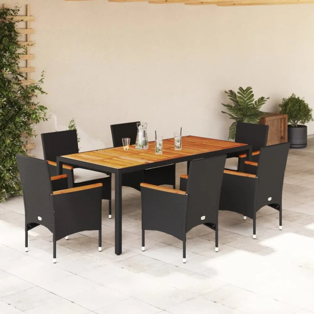 vidaXL7részes fekete polyrattan/akácfa kerti étkezőgarnitúra párnákkal
