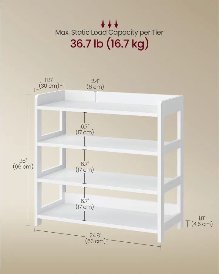 VASAGLE 4 szintes cipőállvány felső tárolópolccal, 63 x 30 x 66 cm, felhőfehér