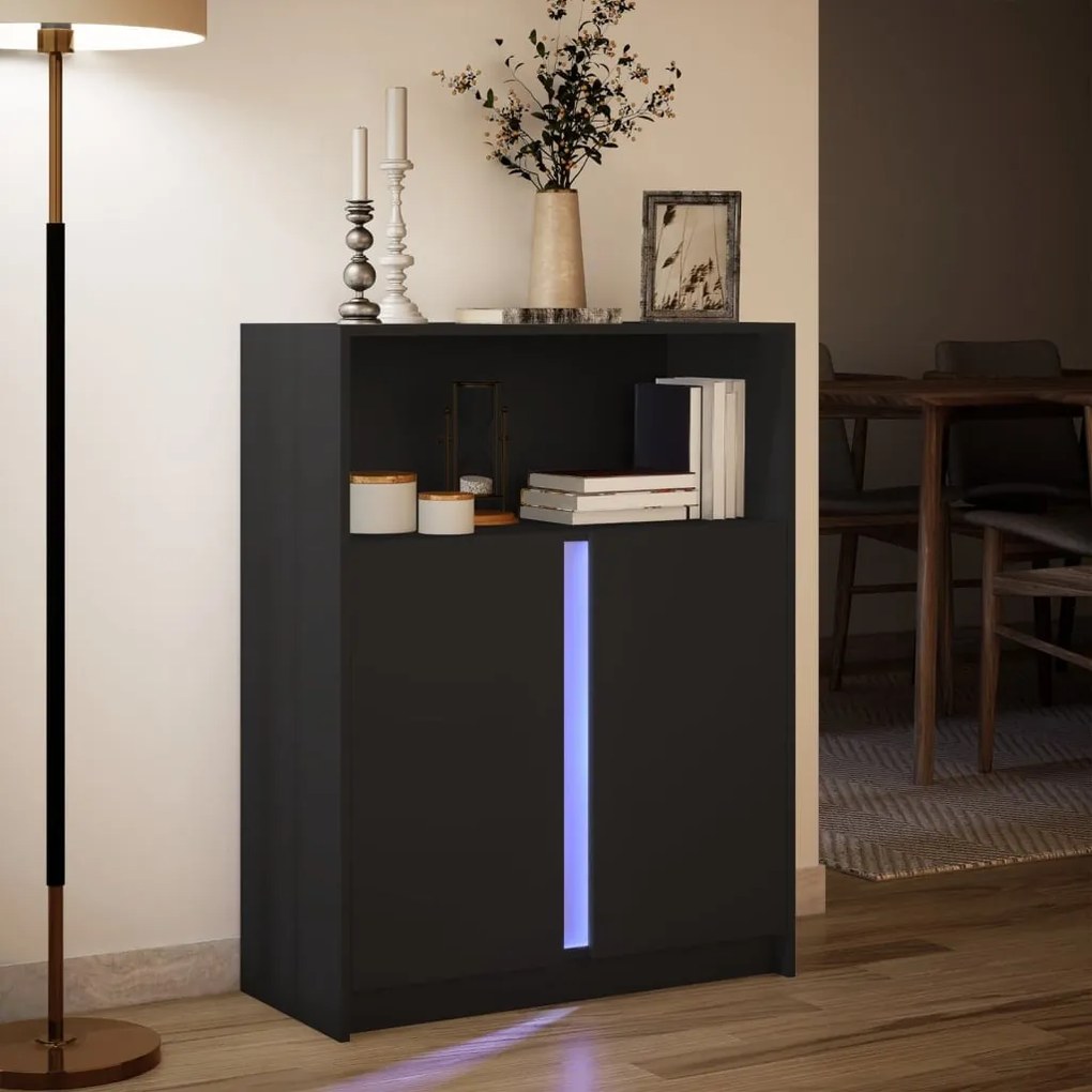 fekete szerelt fa tálalószekrény LED-del 77 x 34 x 100 cm