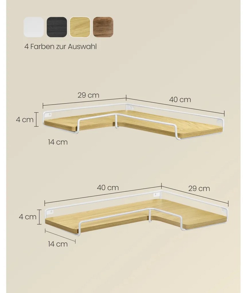 2 darabos sarok fali polc, tölgy és fehér 40x29x4cm