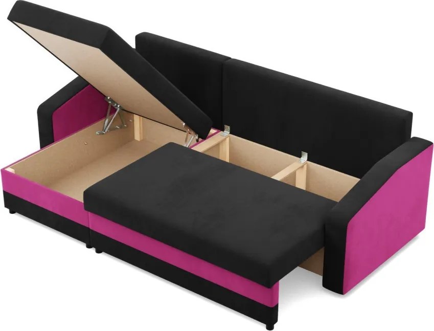 Hewlet sarokkanapé, 2 ágyneműtartóval, szövet anyag, univerzális oldal, bonell töltet, fekete - rózsaszín