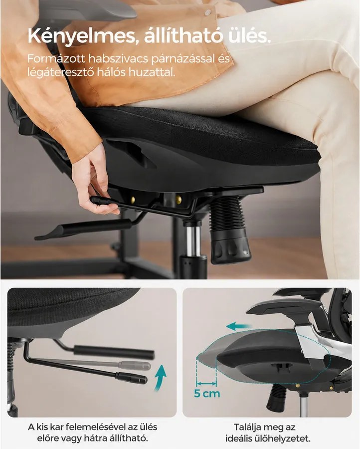 SONGMICS Ergonomikus szék, állítható, dönthető irodai szék, fekete