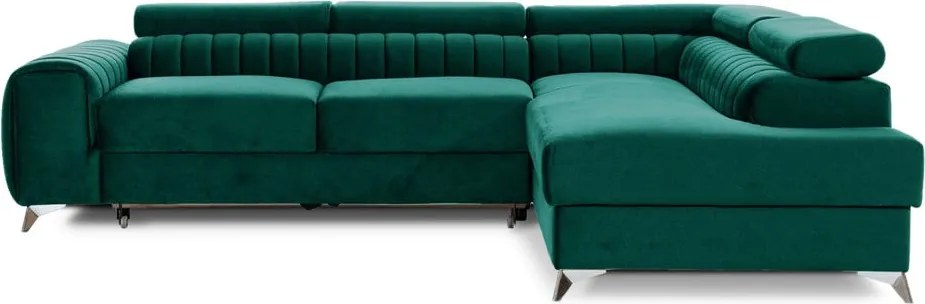 Zöld bársony kinyitható-tárolóhelyes sarokkanapé (jobb oldali-L alakú) Laurence – ELTAP