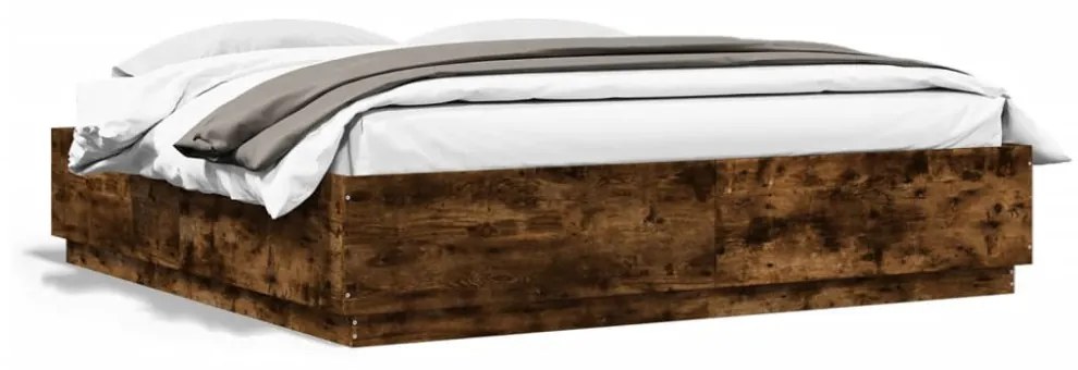 füstös tölgy színű szerelt fa ágykeret LED-del 200 x 200 cm