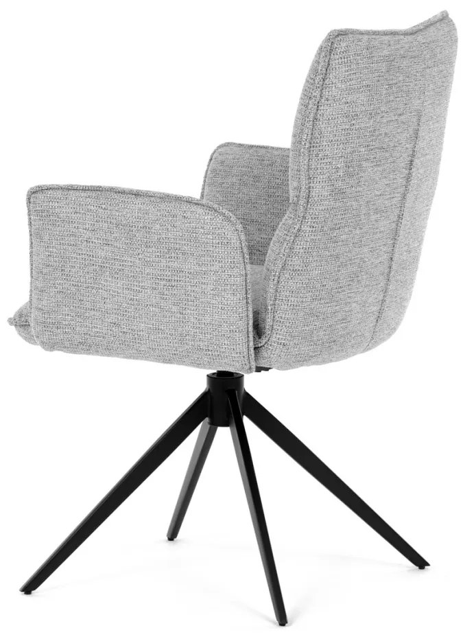 Scaun de dining rotativ, tapițat cu material textil gri, mecanism rotativ 360°, picioare metalice negre