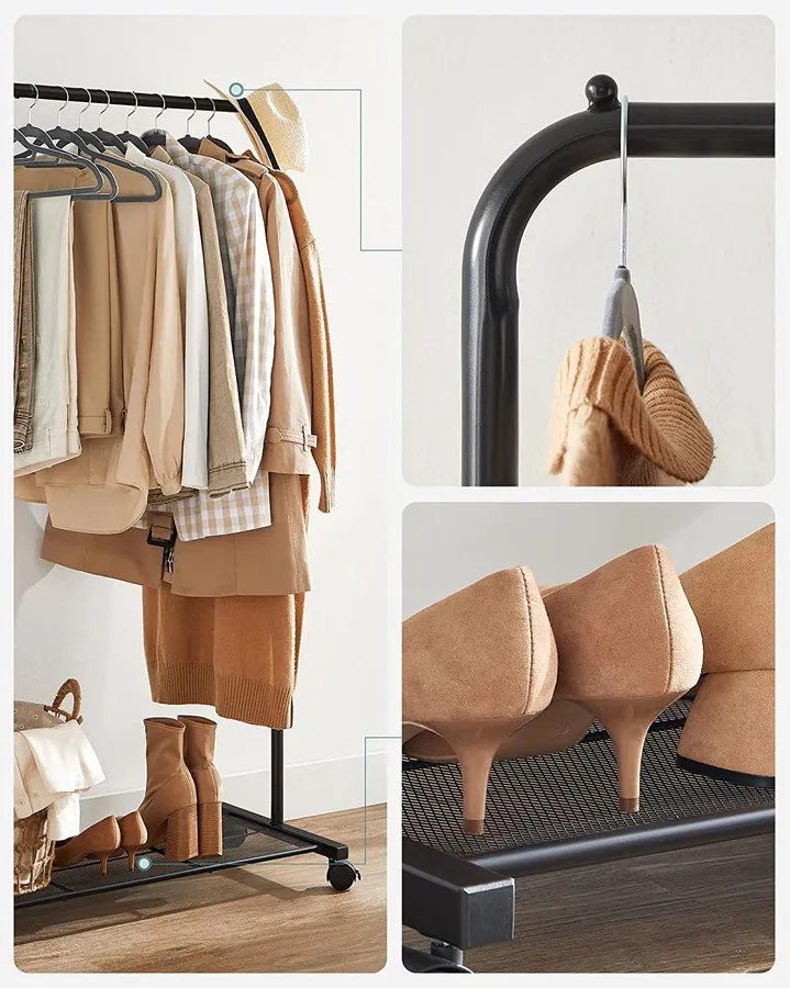 Fém ruhatartó kerekekkel, tárolópolccal, felső sín 40 kg-ig, fekete