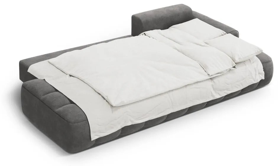 Szürke bársony kinyitható-tárolóhelyes sarokkanapé (jobb oldali-heverő résszel) Linz – Cosmopolitan Design