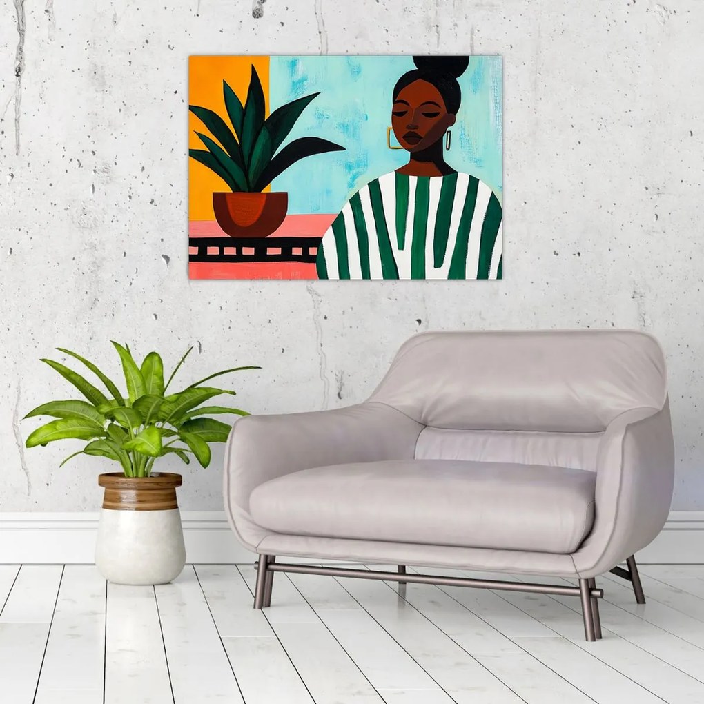 Üveg kép - Nő virággal (70x50 cm)