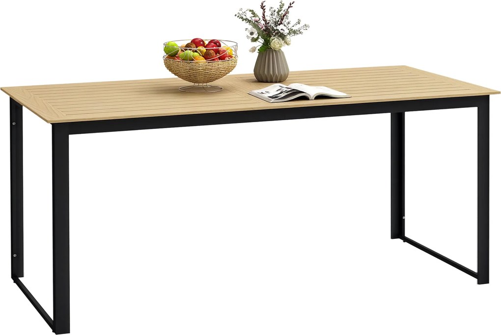 Outsunny Kerti Asztal Fém 175x78 cm Időjárásálló Erkélyasztal Fa Hatással, Rácsos Dizájnú Büféasztal, Fesztivál Asztal 6 Személyre, Kerti, Teraszi Étk