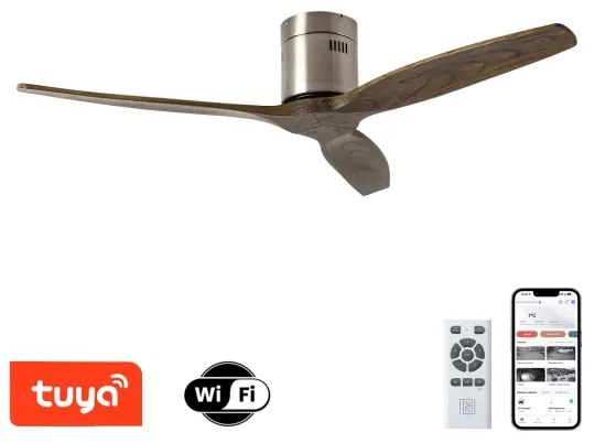 ZEVENTI - SPELLO mennyezeti ventilátor, Wi-Fi Tuya, króm/tölgy + távirányító