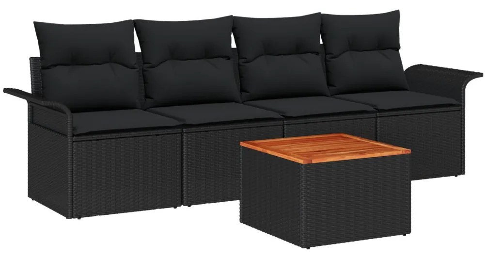 5 Részes Kert Kanapé Szett Párnákkal Fekete Poly Rattan Akácia