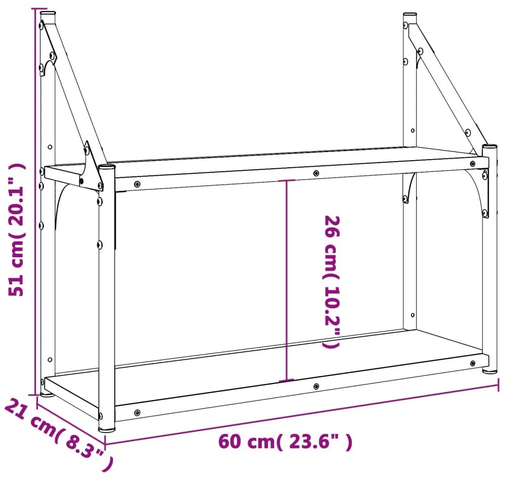 2 szintes sonoma tölgy színű szerelt fa fali polc 60x21x51 cm