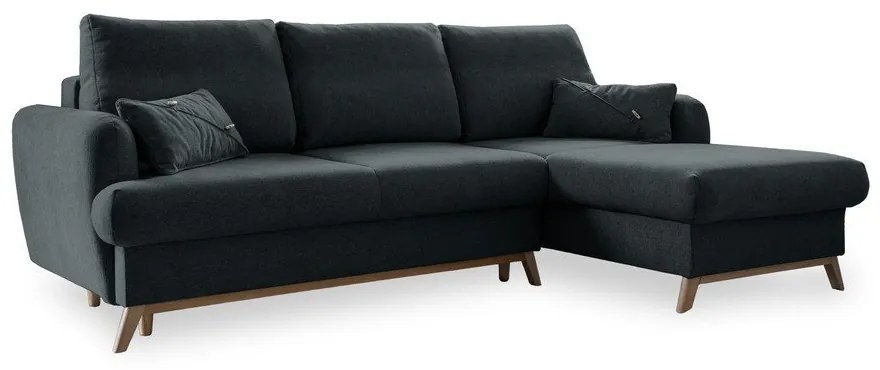 Sötétszürke kinyitható-tárolóhelyes sarokkanapé (jobb oldali-heverő résszel) Scandic Lagom – Miuform