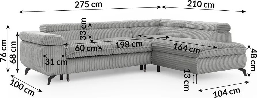 Világosszürke kordbársony sarokkanapé (jobb oldali-L alakú) Marbeya – Ropez