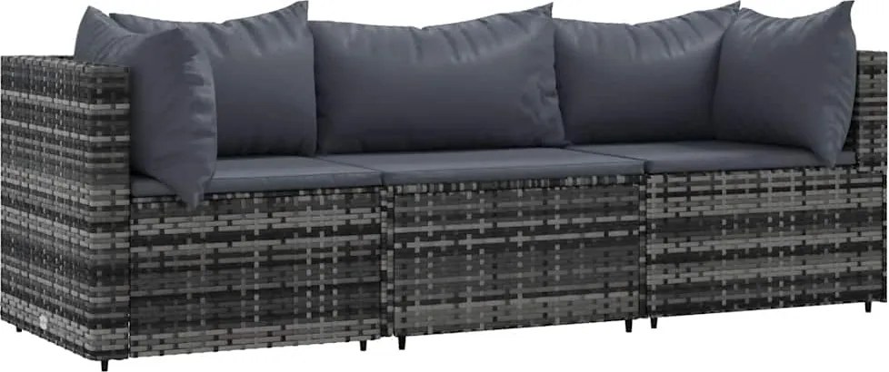 vidaXL 3 részes szürke polyrattan kerti ülőgarnitúra párnákkal
